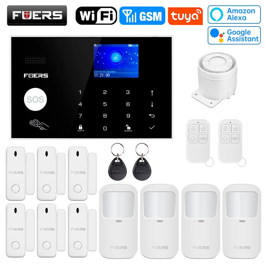 FUERS WIFI GSM Alarm System Wireless Home Burglar Security Alarm System Tuya APP Control Siren Motion Detector PIR Smoke Sensor
